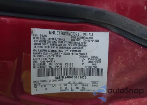 2000 Mercury Sable Gs from USA, damaged, VIN 1MEFM58U8YG631826